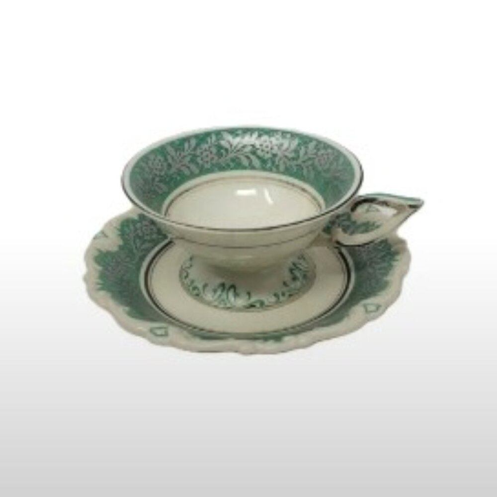 Seltmann Weiden Vintage Cup & Saucer | 1920s-40s | Silver Floral & Green Motif